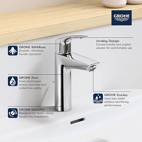 Miniatura 3 de GROHE 23990003 Eurosmart, Grifo de baño de tamaño M de una sola manija de un solo orificio 1.2 GPM, cromado