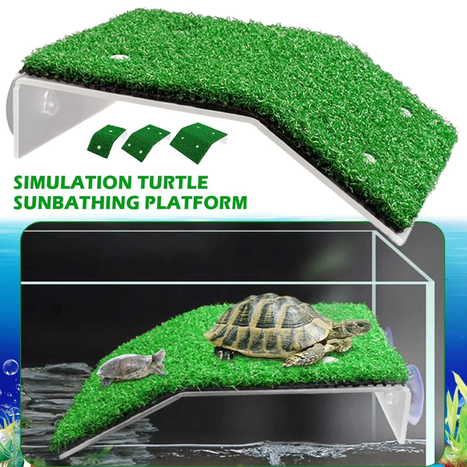Turtle Basking Platform - Rampa de césped artificial flotante | Accesorio de terrario para reptiles y anfibios | PP no tóxico con ventosas fuertes S/M/L