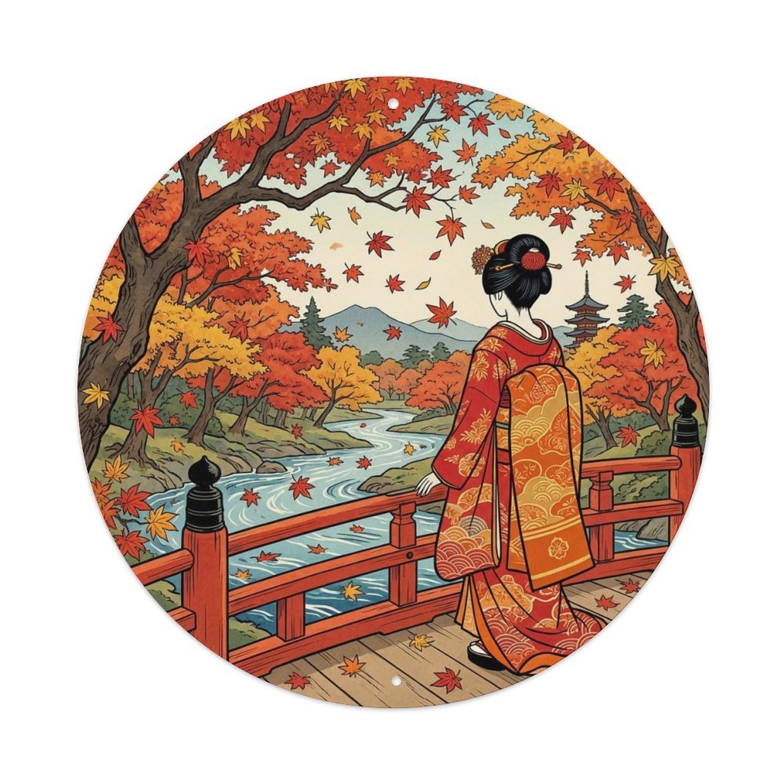 Yrnq 8X8inch Vintage Style Japanese Kimono Lady Falling Leaves Watching Ornament Metal Tin Sign