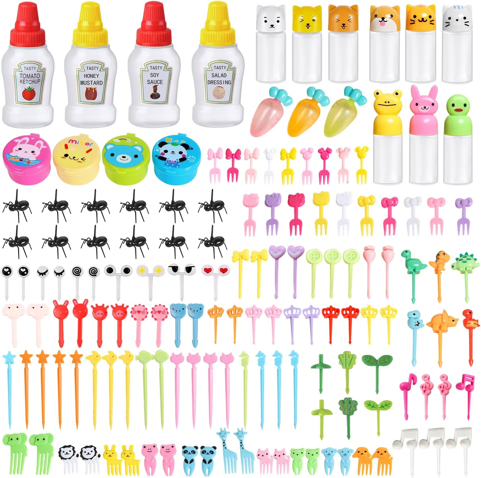 150 Pcs Condiment Squeeze Bottles Bento Lunch Box Accessories and Animal Fruit Food Toothpicks Mini Ketchup Bottles Soy Sauce Container Reusable Condiments Containers