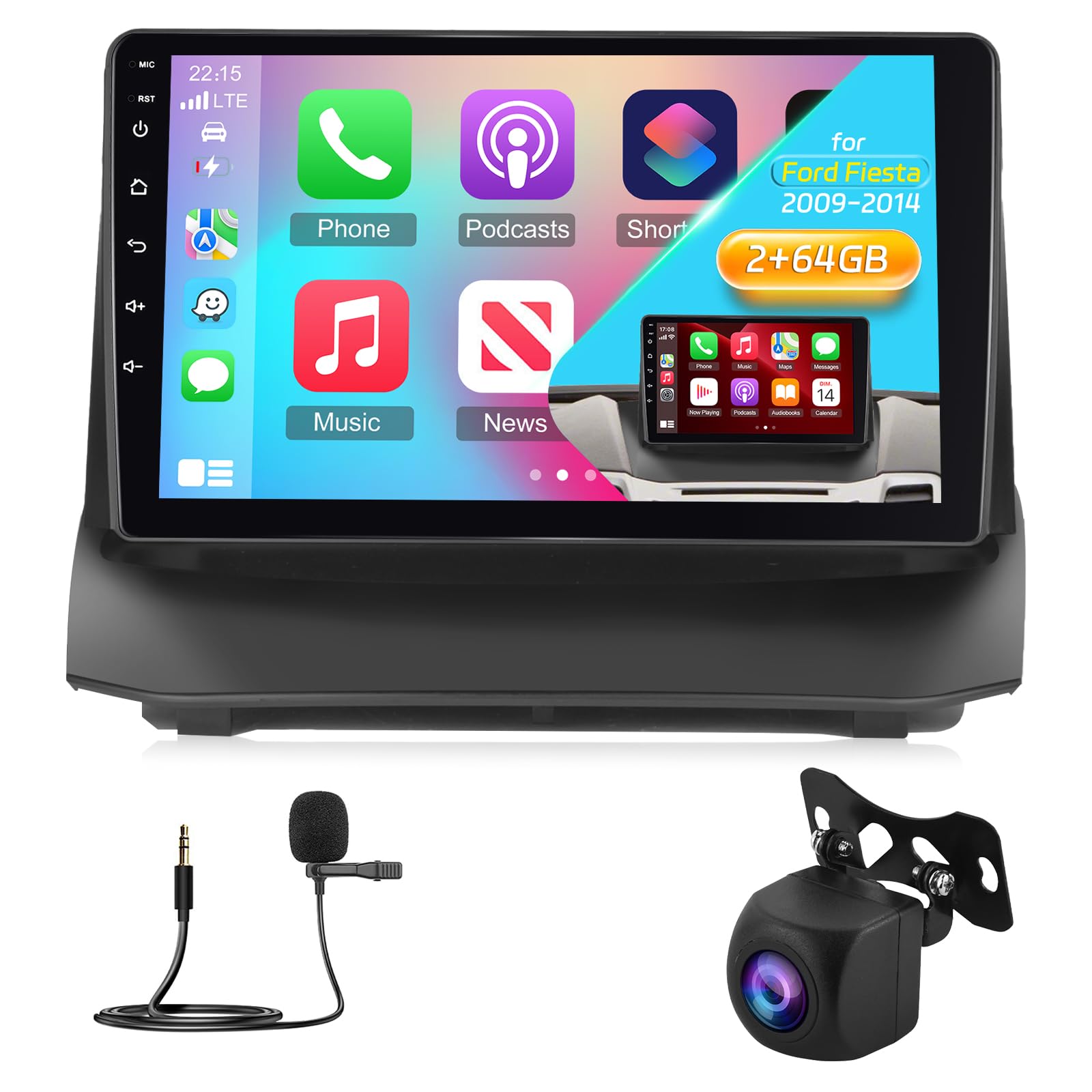 NHOPEEW 2+64G 9 Zoll Android Radio für Ford Fiesta 2009-2017 - Wireless CarPlay & Android Auto GPS Navigation, Lenkradsteuerung, FM RDS, Split-Screen + Rückfahrkamera