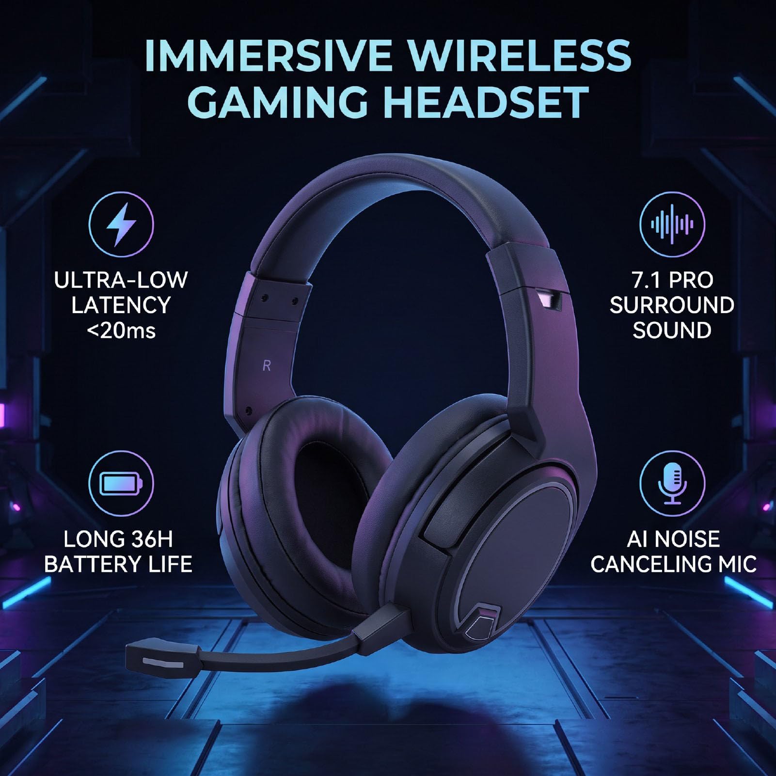 Bewinner Kabelloses Gaming-Headset, 2,4 G Bluetooth, 20 Ms, 50 Mm, RGB,