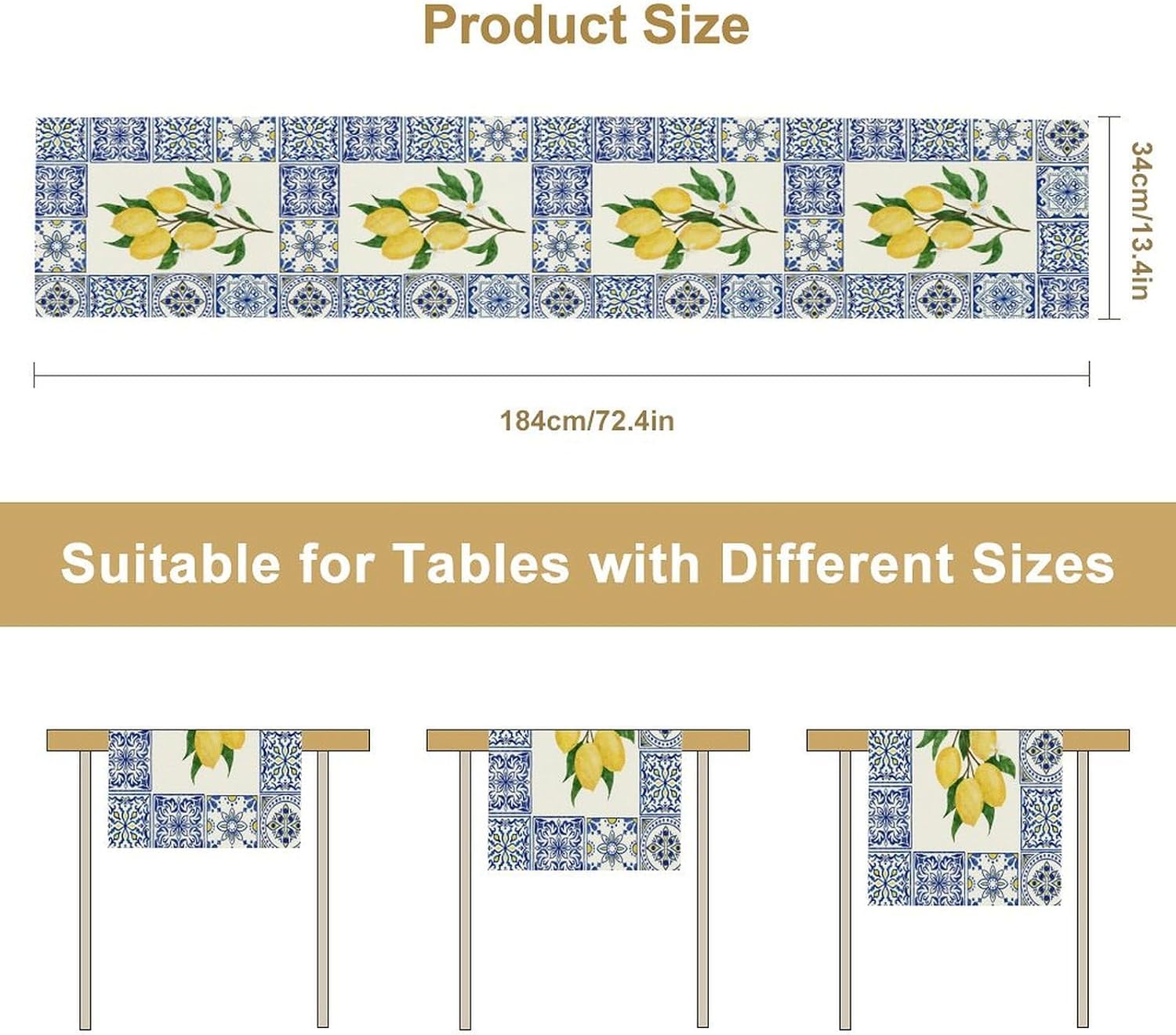 Yellow Lemon Table Runner, Blue Tiles Summer Holiday Tasty Fruit Healthy Fruit Vintage Watercolor Rustic Botanic Table Cover for Party Picnic Dining Room Kitchen, 13x108inch