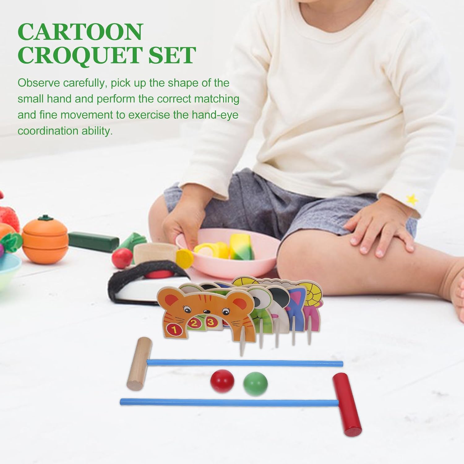 Kids Croquet Set 2 Player - Animal Wooden Croquet Set with Mallets Balls - Outdoor Activities Games Educational Learning Toy for Indoor Lawn Backyard