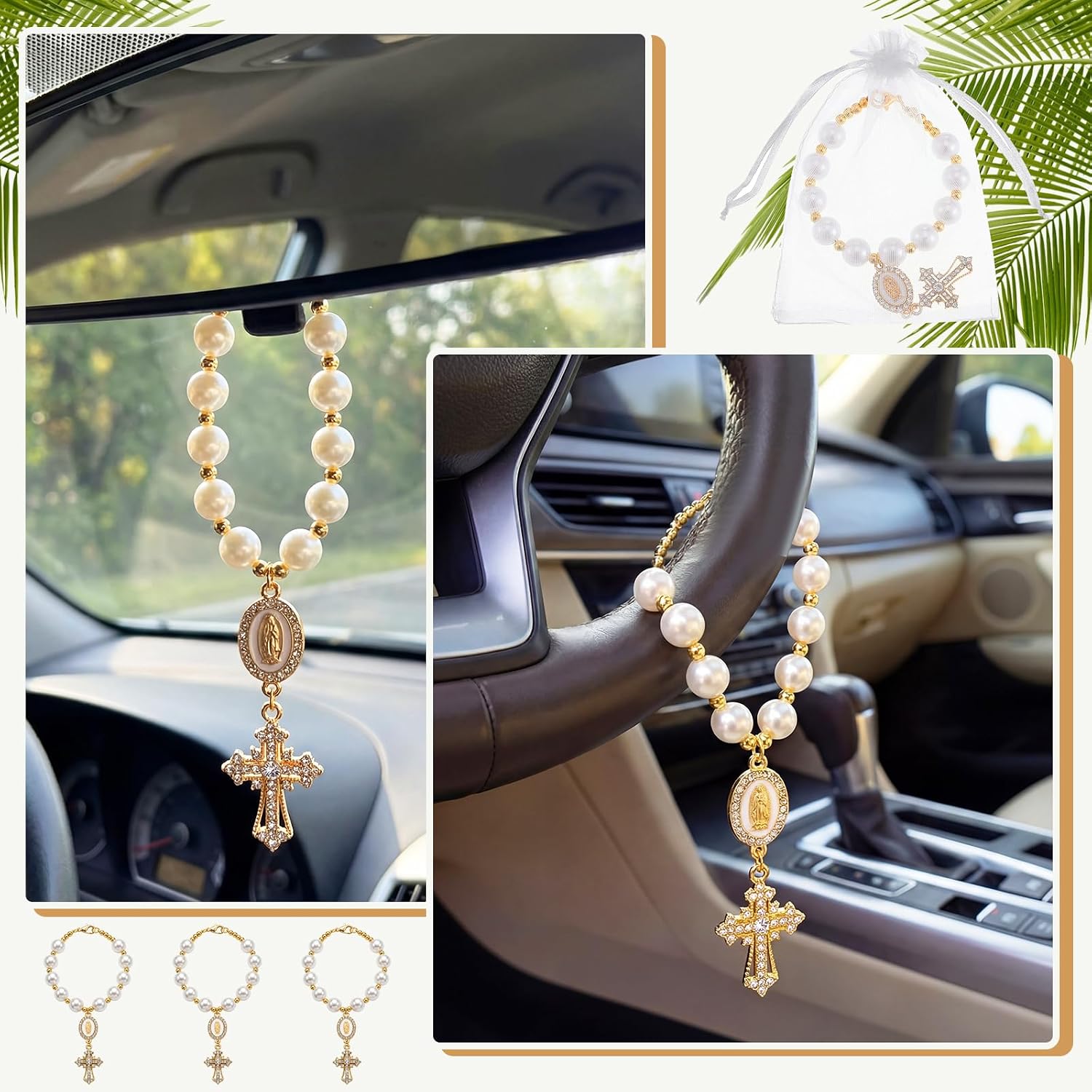 Kenning 12 Sets Car Rosary for Rearview Mirror, Steering Wheel Rosaries Charm, Cross Car Hanging Accessories with Crystal Cross Pendant, Organza Bags for Baptism Gifts, Communion Wedding Party Favor