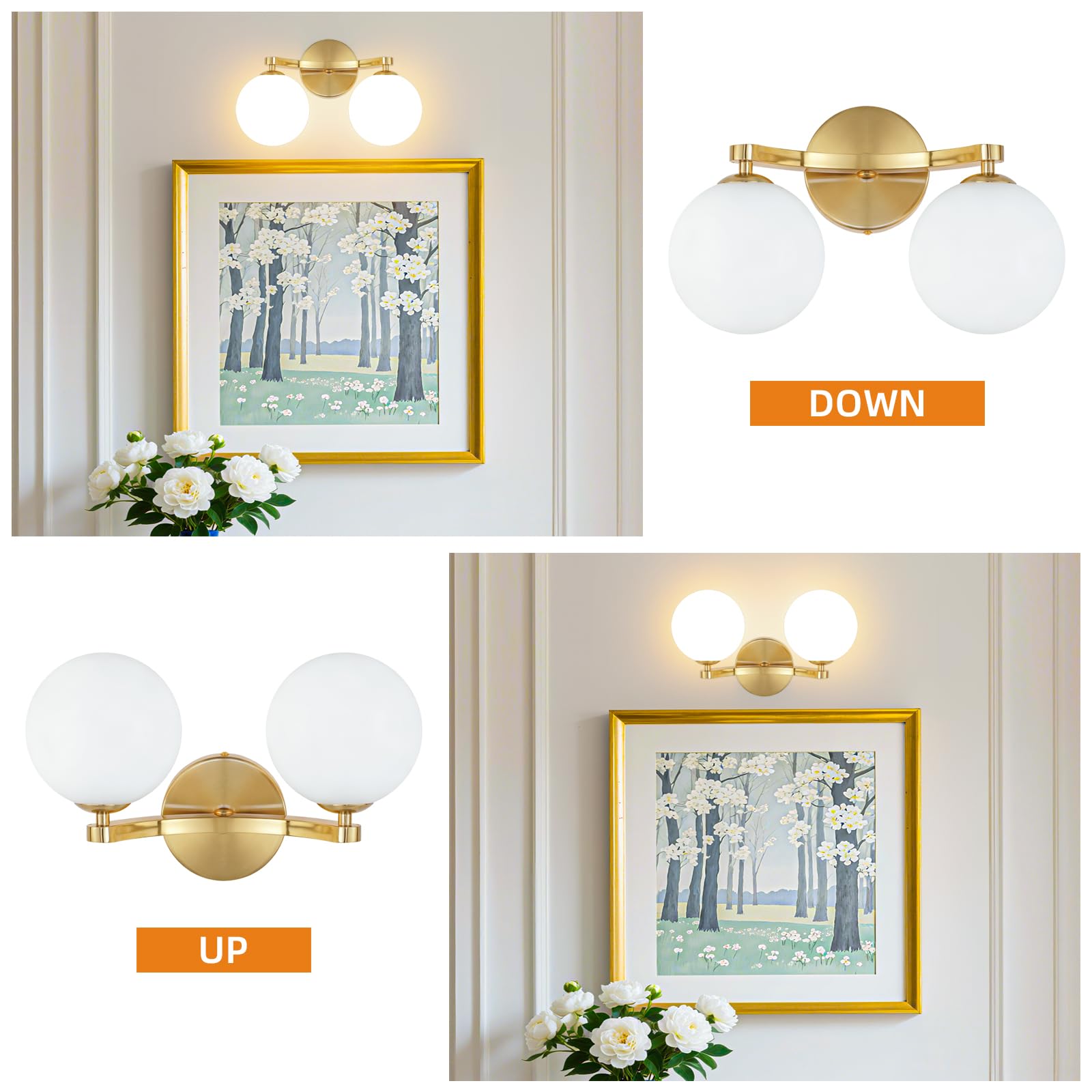 MantoLite Applique murale LED contemporaine avec deux abat-jours sphériques, lampe de lecture/miroir, comprend 2 ampoules G9
