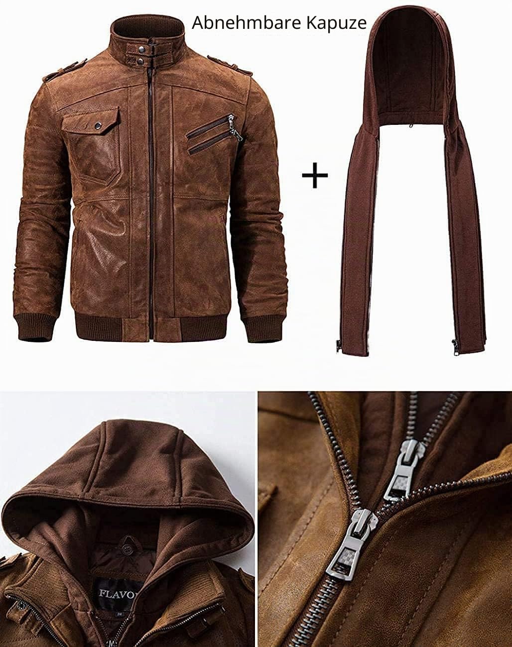 FLAVOR Echtes Lederjacke Herren Abnehmbarer Hoodie