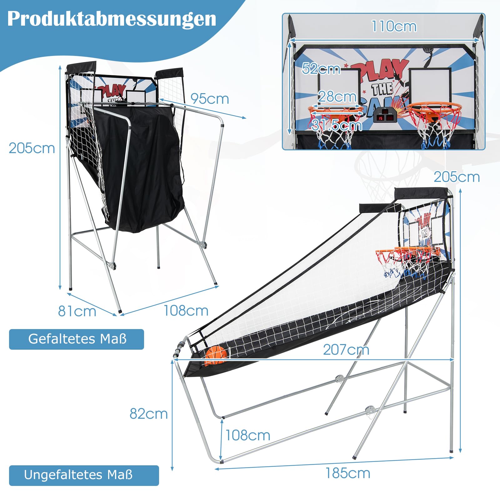 GYMAX Automat Basketballkorb, faltbar Elektronische Basketballspiel mit 8 Spieleinstellungen & elektronischer Anzeigetafel, Schießmaschine inkl. 4 Bällen & 2 Fangkörben (Schwarz)