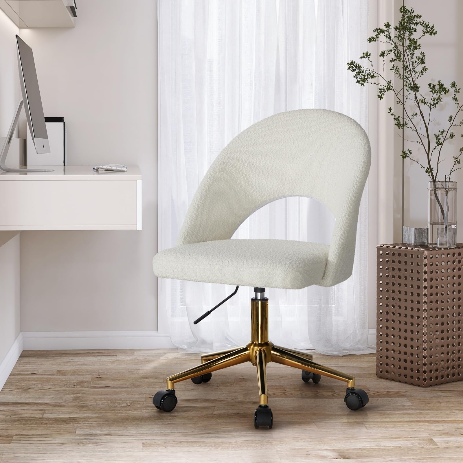 Oikiture Office Desk Chair with Boucle Cover Armless Home Office Chair for Home Office Bedroom White and Gold - HPLLOWY-Boucle - HPLLOWY-Gold