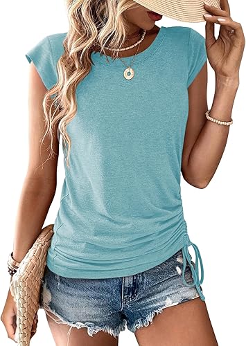 Womens Cap Sleeve Summer Tops Crewneck T Shirts Casual Spring Fashion Outfits Cu