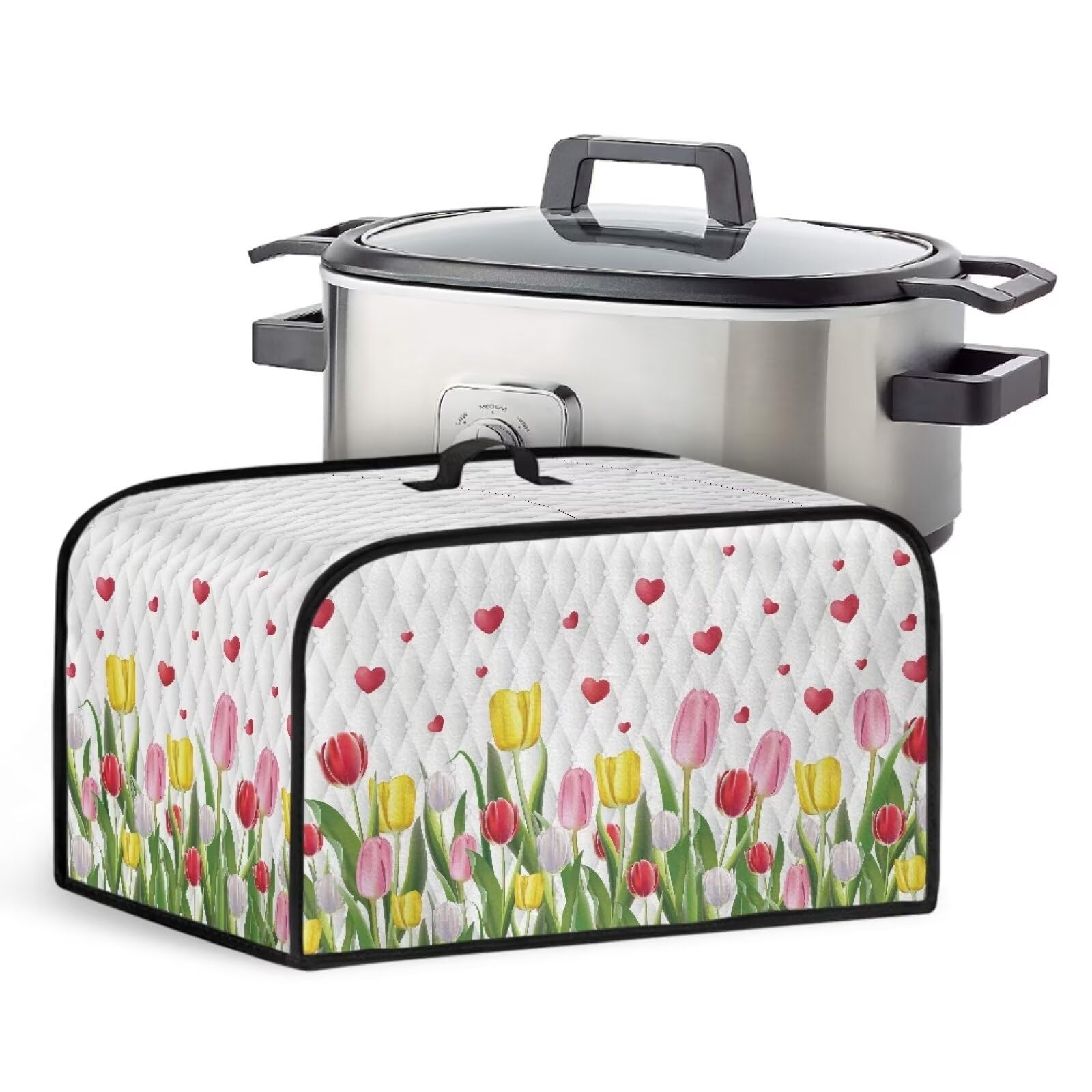 Annejudy Slow Cooker Dust Cover Water Proof Air Fryer Cover with Handle and Side Pockets for Storage Kitchen Appliance Accessories Fit for 6-8 Quart Oval Slow Cooker, Tulips Hearts Print