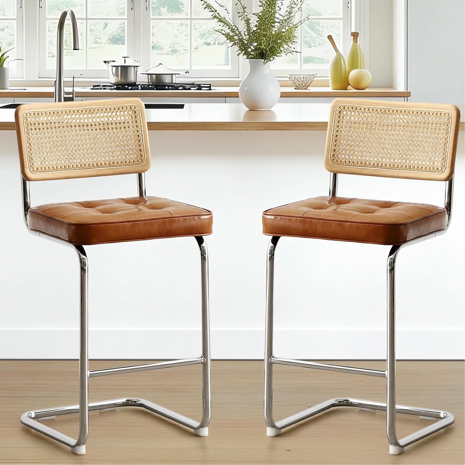 Zesthouse Natural Rattan Bar Stools Set of 2, 26" Counter Height with Faux Leather Seat & Wood Back, Mid-Century Cantilever Chairs for Kitchen Island, Brown