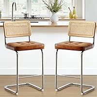 Zesthouse Natural Rattan Bar Stools Set of 2, 26" Counter Height with Faux Leather Seat & Wood Back, Mid-Century Cantilever Chairs for Kitchen Island, Brown