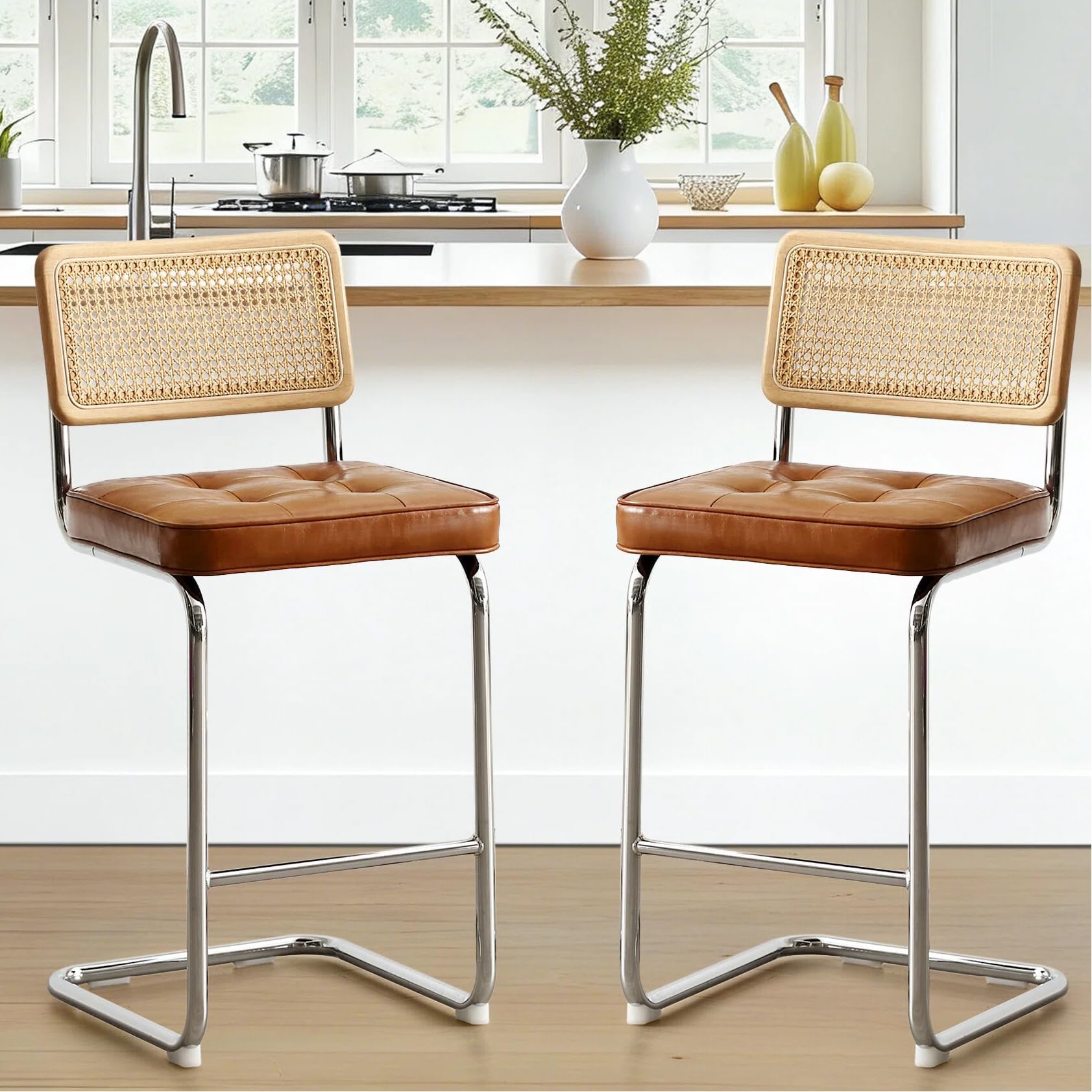 Modern Counter Height Bar Stools, 26'' Natural Rattan Barstools
