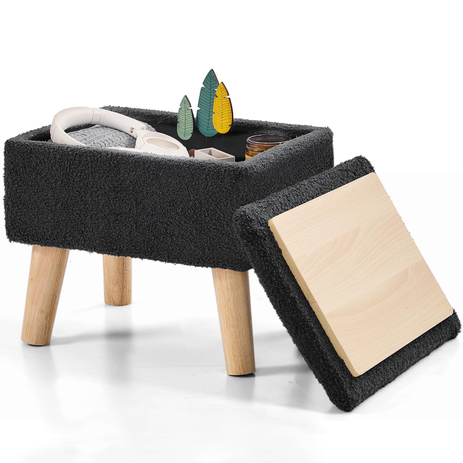 Upholstered Storage Ottoman Stool (40 x 40 x 32.5 cm) with Solid Wooden Legs | Soft Fabric Footrest Pouffe for Living Room, Bedroom & Vanity | Compact & Modern Design, Black-image-5