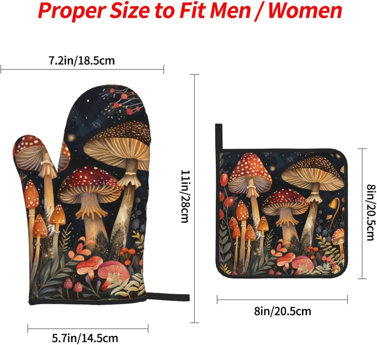 Oven Mitts and Pot Holders Sets of 4 Mushroom Vintage Botanical Kitchen Potholder Gloves Heat Resistant Non-Slip for Chef Baking Cooking Grilling BBQ Mittens