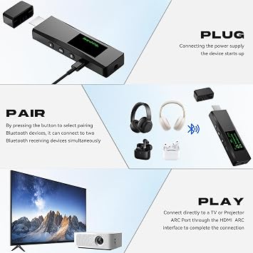 Bluetooth 5.2 Transmitter for 2 AirPods or BT Receiver Devices, Wireless Audio Adapter with HDMI ARC Input, Optical Audio Output & Bluetooth Output, LCD Screen, Plug and Play