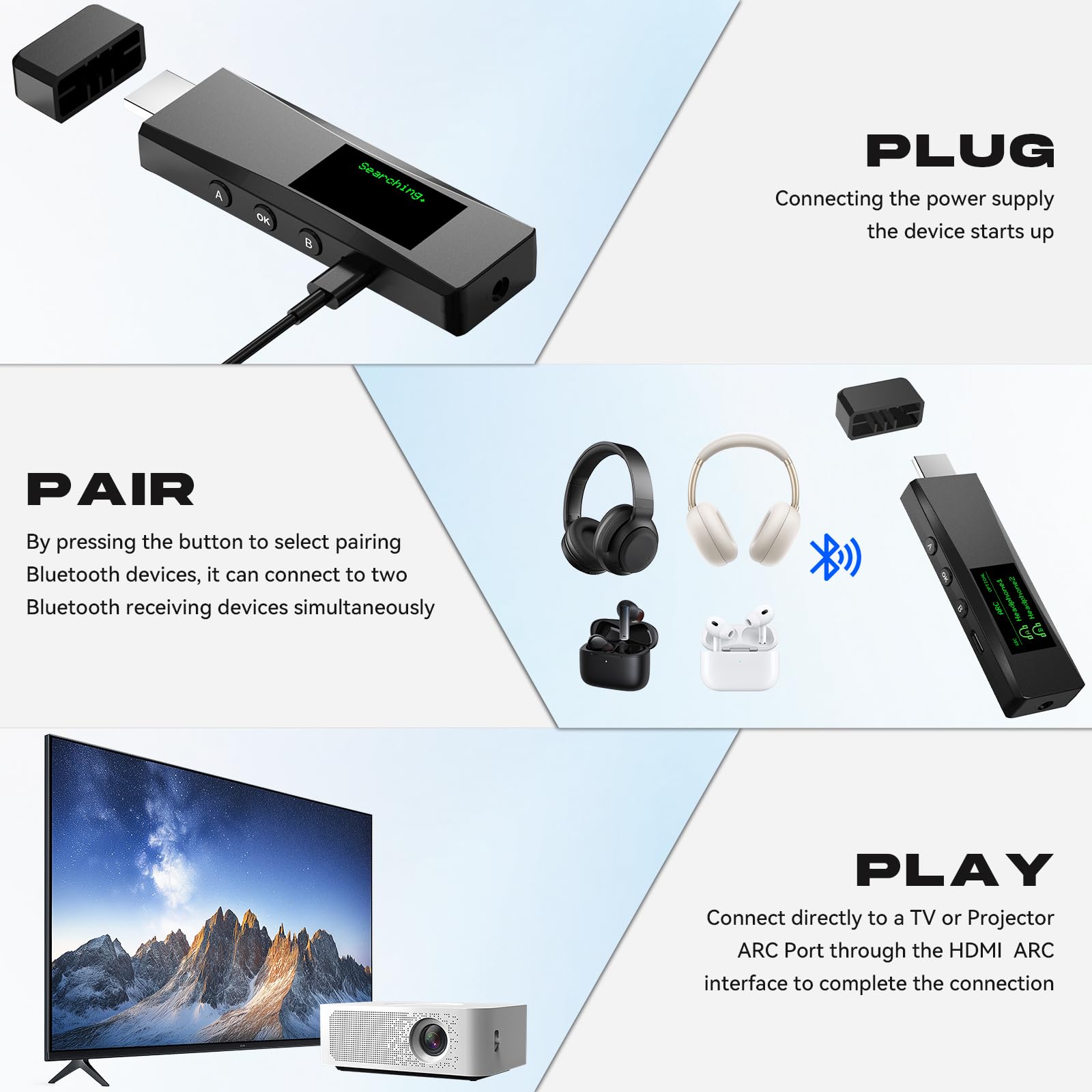 Bluetooth 5.2 Transmitter für 2 AirPods oder BT-Geräte, kabelloser Audio-Adapter mit HDMI-ARC-Eingang & 3,5-mm-Stereo-Eingang, optischer Audioausgang & Bluetooth-Ausgang, LCD-Bildschirm, Plug and Play