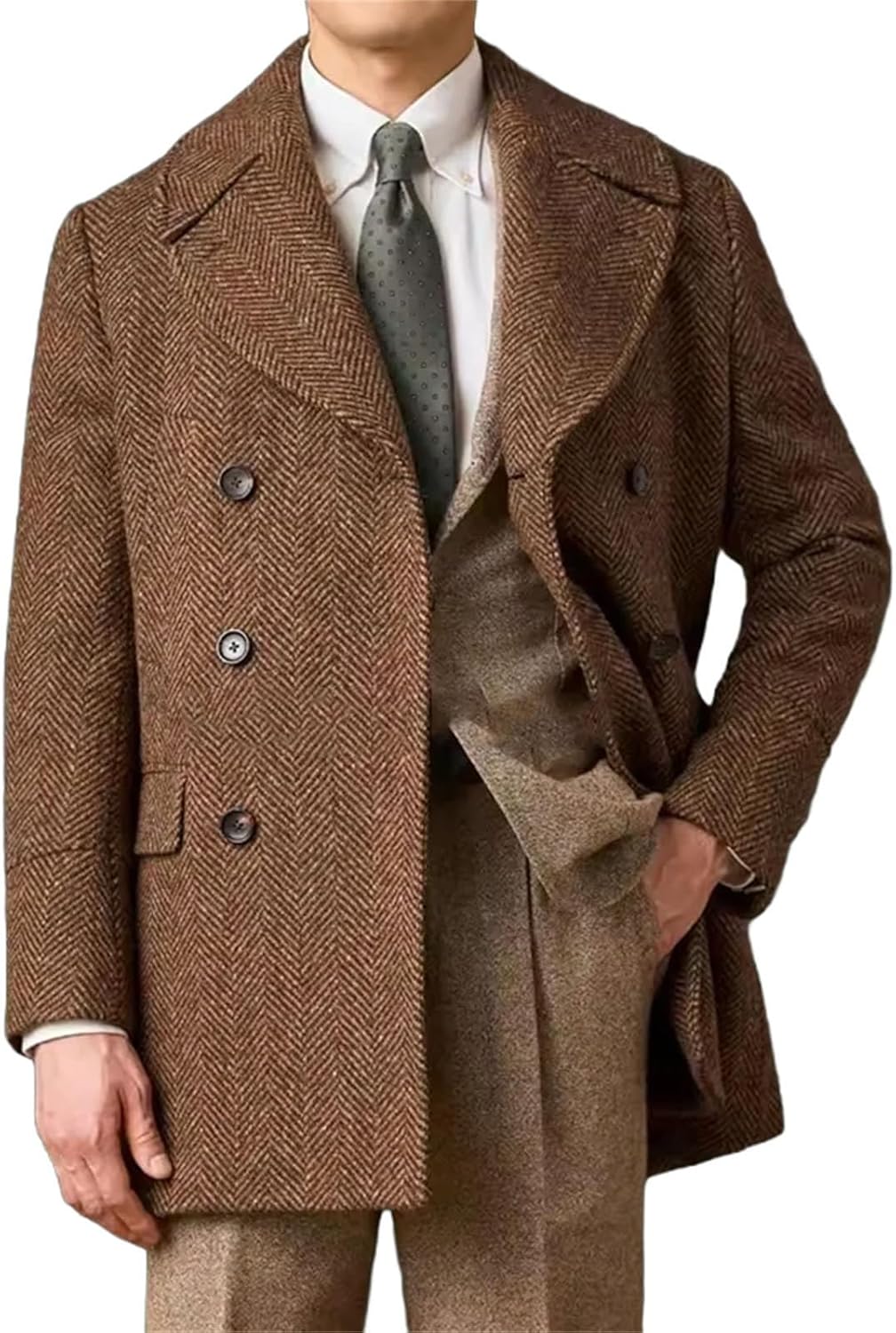 Men's Herringbone Jacket Woolen Long sleeves Elegant Suit Blazers Double Breasted Classic Style Coats