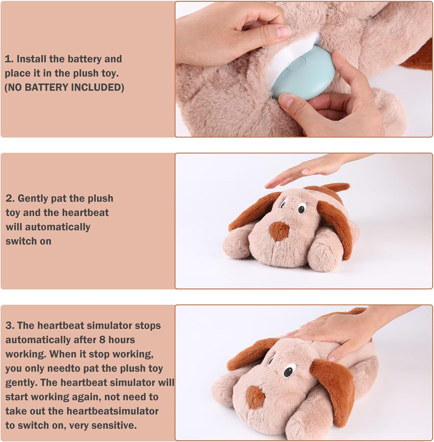 WEOK Puppy Heartbeat Toy, Dog Heartbeat Toy for Separation Anxiety Relief, Puppy Toy with Heartbeat Stuffed Animal Anxiety Calming Behavioral Aid Plush Toy for Dogs Cats Pets (Brown)