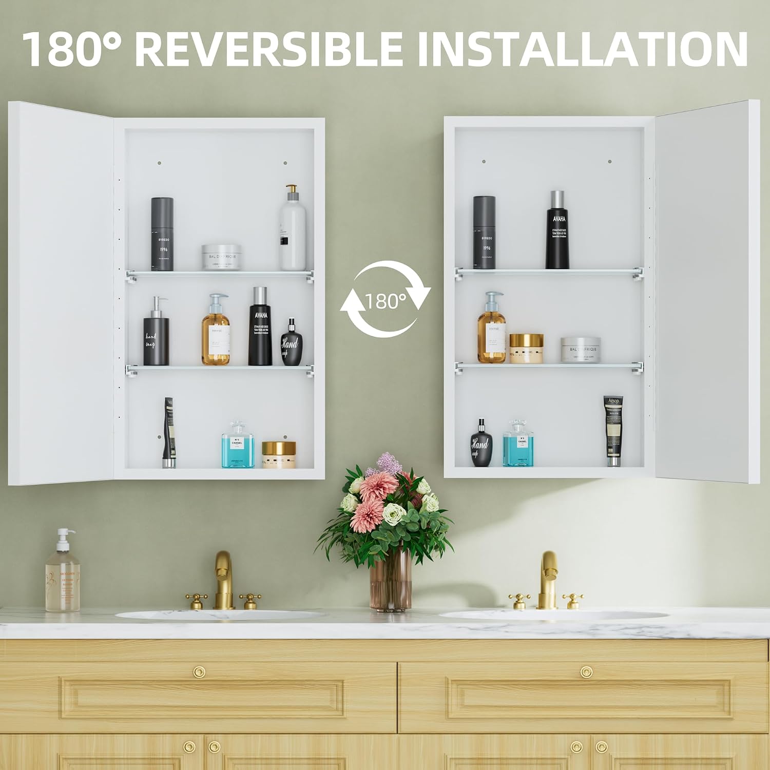 Buruis 14" x 24" Framed Medicine Cabinet with Mirror, Recessed Bathroom Cabinet Fits 13-3/8" x 22-13/16" Rough Opening, Wall Mount Mirror Cabinet with Adjustable Glass Shelves, White