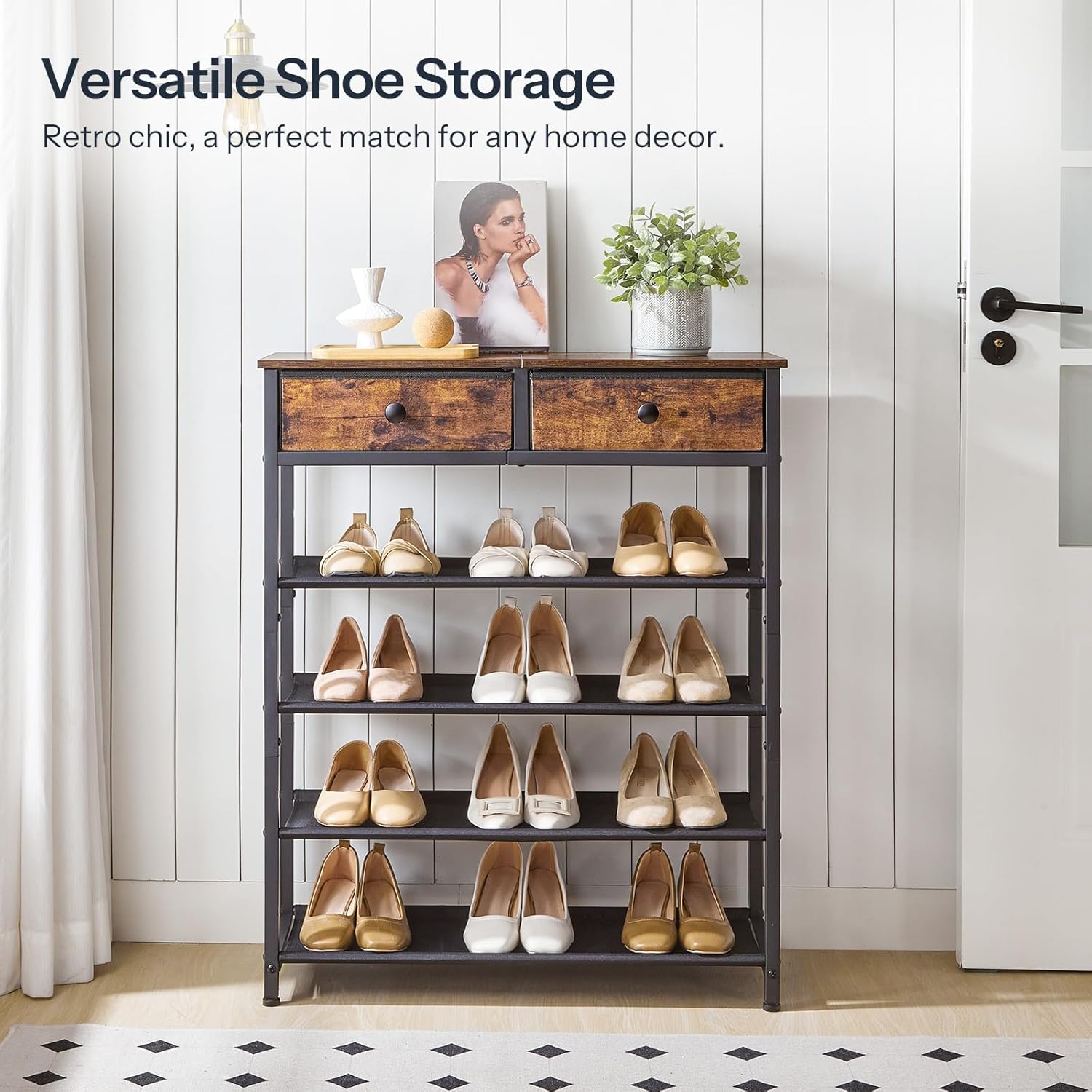 HOOBRO Shoe Rack, 5 Tier Shoe Storage Organizer with 2 Non-Woven Drawers, 12-16 Pairs of Shoes for Entryway, Shoe Shelf with 4 Oxford Fabric Shelves and Wooden Top, Closet, Rustic Brown BF78XJ01