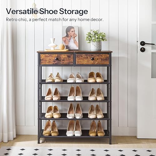 Miniatura 7 de HOOBRO Zapatero, organizador de almacenamiento de zapatos de 5 niveles con 2 cajones no tejidos, 12-16 pares de zapatos para entrada, estante de