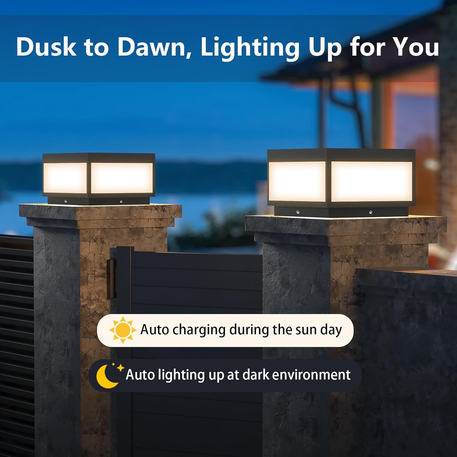 Outdoor Landscape Post Light, Modern 2-in-1 Solar and High Voltage Wired Waterproof Luxury Fence Deck Pillar Cap Patio Garden Decoration Lantern Column Lamp with 4 Different Lighting Color