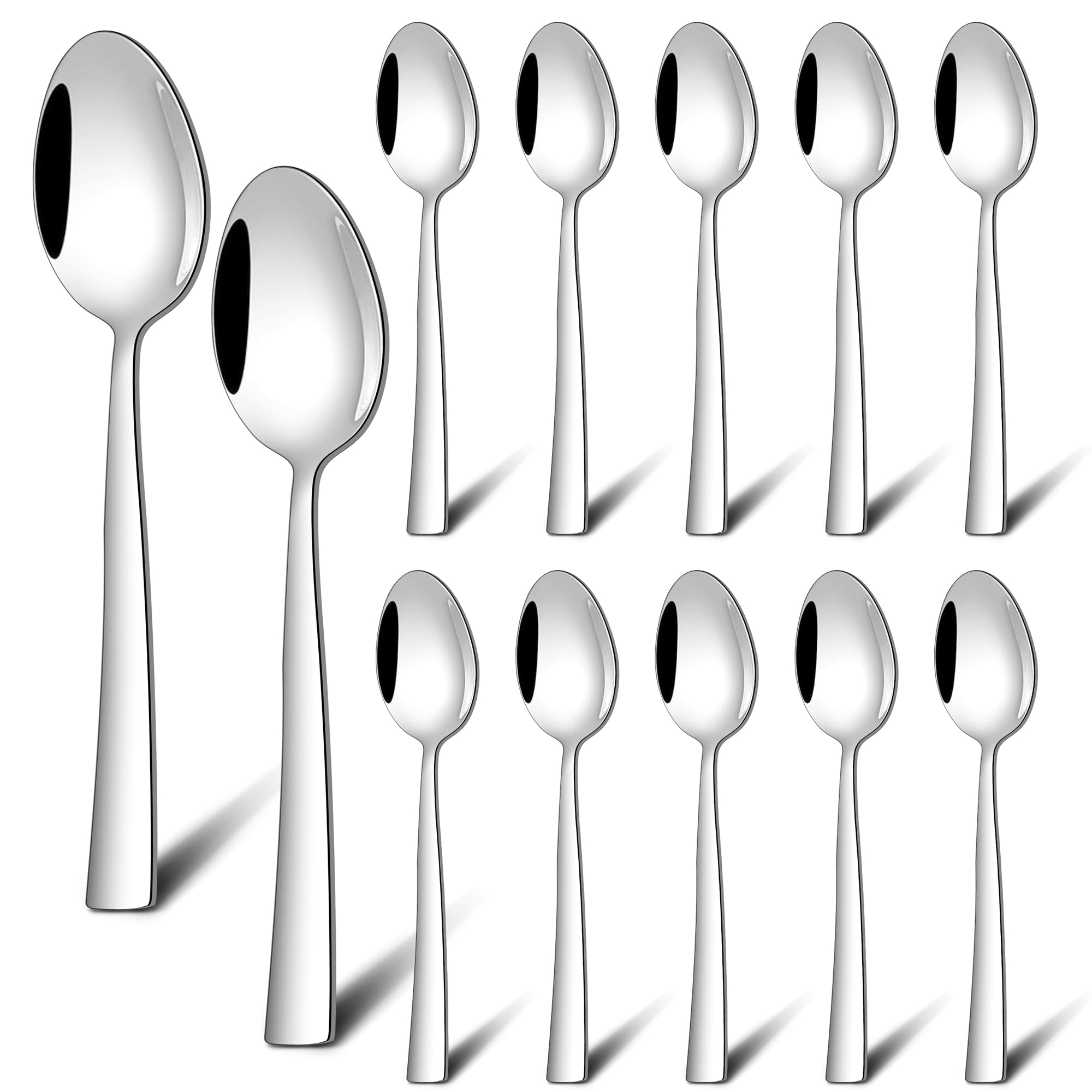Onader Esslöffel 12 Stück, 19,5cm Edelstahl Große Löffel Set, Hochglanzpoliert Suppenlöffel Müslilöffel mit Quadratischer Griff für Zuhause, Hotel, Restaurant, Gesunde & Spülmaschinenfest