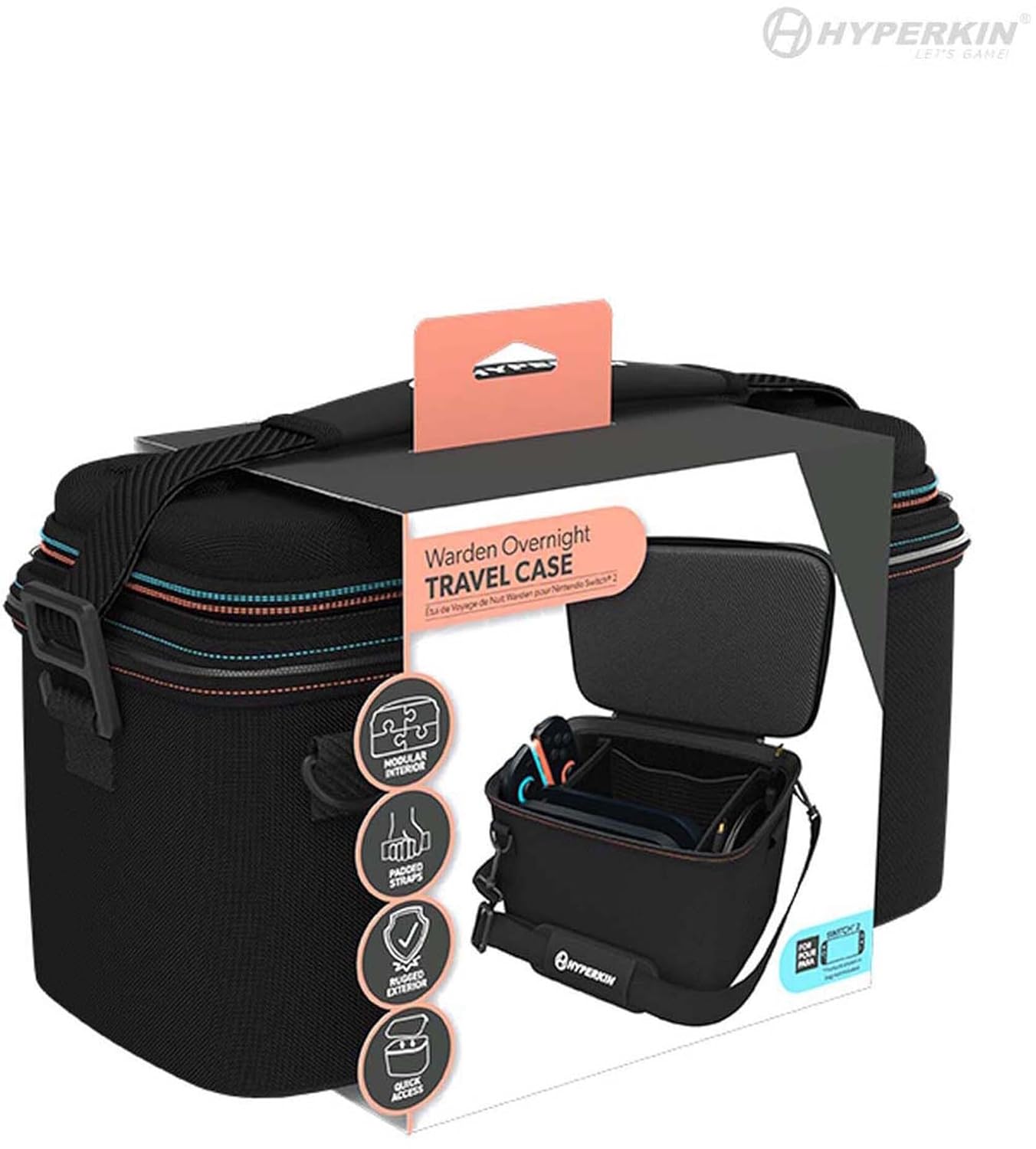 Hyperkin Warden Travel Case for Nintendo Switch 2 – Hard Shell Protective Carrying Bag with Modular Storage, Game Cartridge Organizer, Velvet Interior, Shoulder Strap, Travel Carry Case