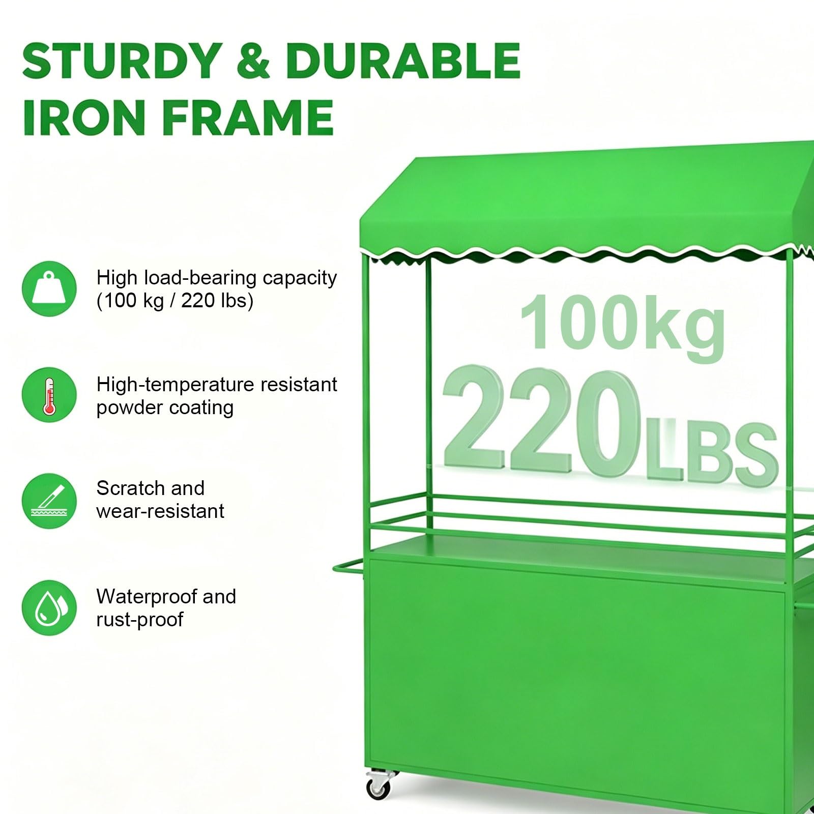 Carrello Venditore Portatile per Banco Mercato con Tettoia e Stand Espositivo per Mercato Agricolo e Rischio(Green,140cm/55in)