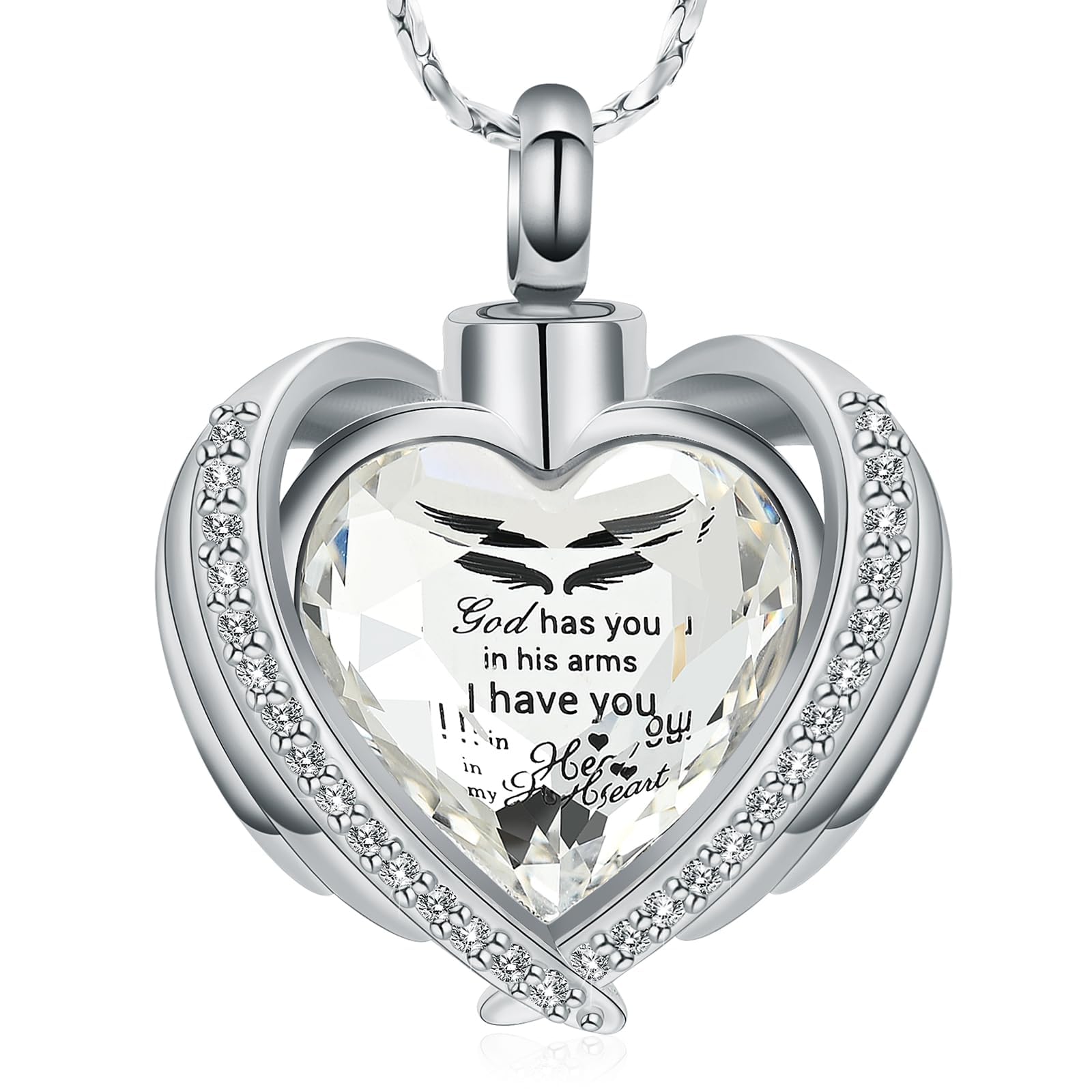 QGJNSGC Cremation Jewelry for Ashes Pendant Crystal Heart Urn Necklace with Mini Memorial Keepsake Urn Memorial Ash Holder for Women Jewelry (Silver-White-God)