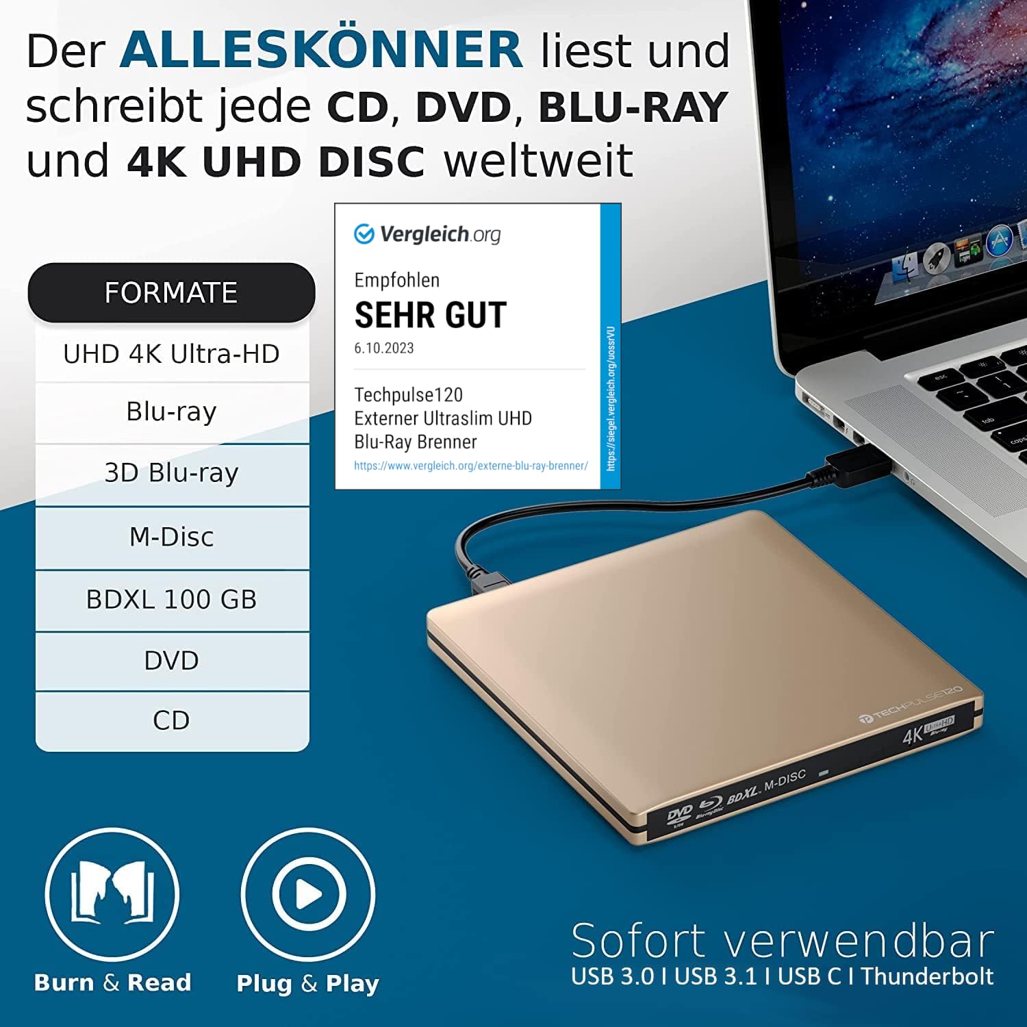 Image secondaire de techPulse120 USB 3.0 Type-C Brenner Externe de CD DVD en Aluminium pour Ordinateur, Notebook UHD Blu-Ray Brenner USB xDeluxe Pak