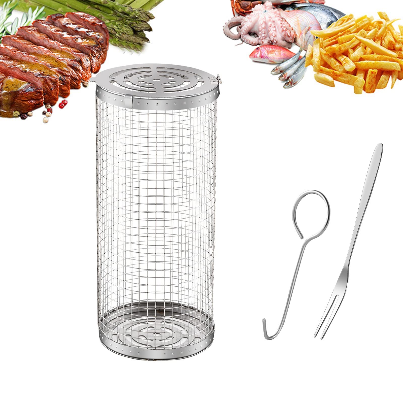 Hoomall Rolling Grill Basket, Stainless Steel BBQ Grilling Basket Fish Cylinder Grill Basket for Meat,Vegetables, Chops,Outdoor Grill Accessories Gifts for Men (Cylinder with Lid-7.8 inch-1 Pack)