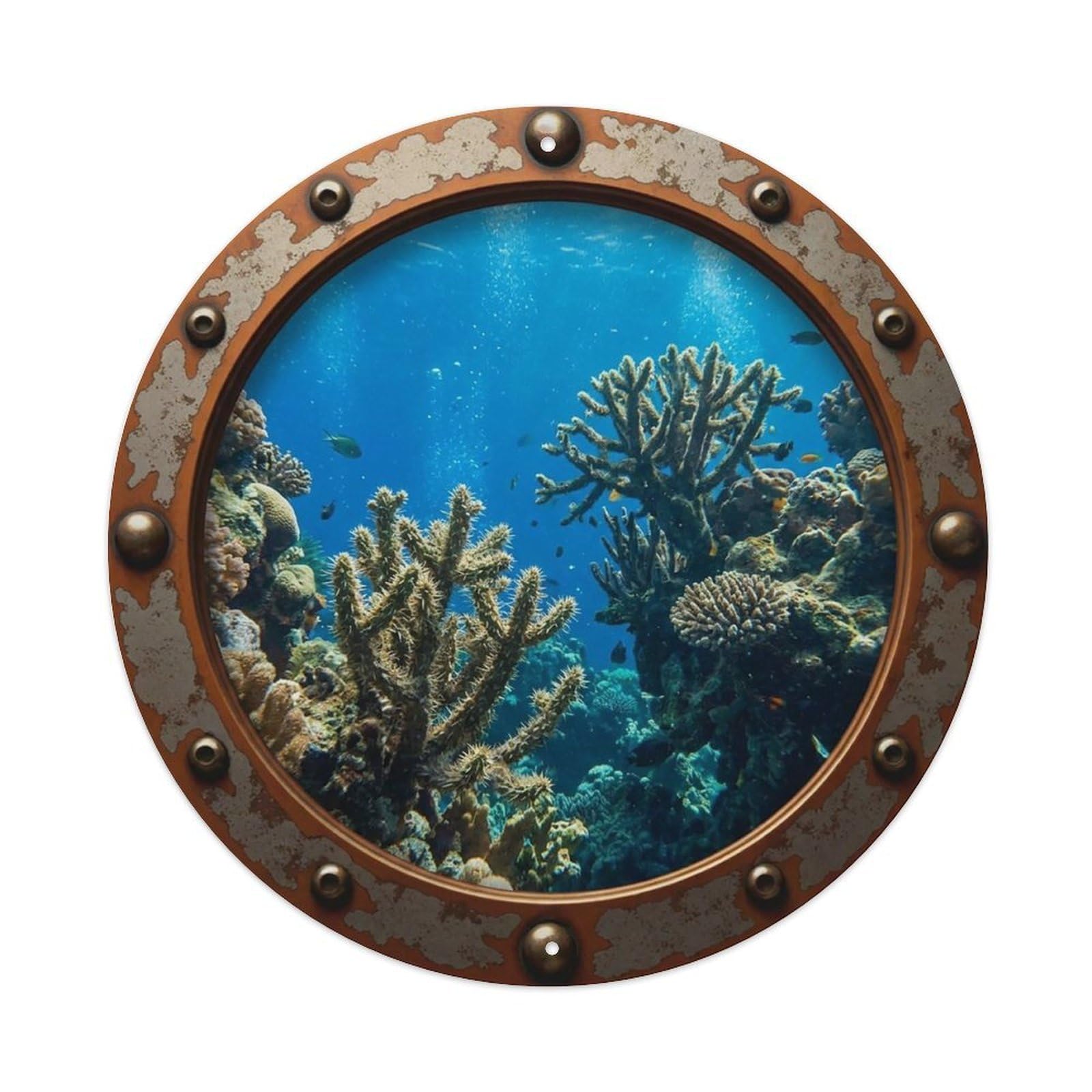 Gead 8X8inch Style Vintage Porthole Cactus Coral Nautical Window View Metal Tin Sign
