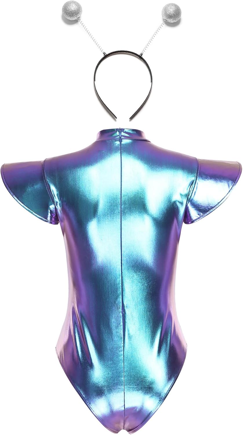 Sywiyi Women Outer Space Cutie Costume Fly Cap Sleeve Dancewear Shiny Metallic Unitard Body Suit Blue Small
