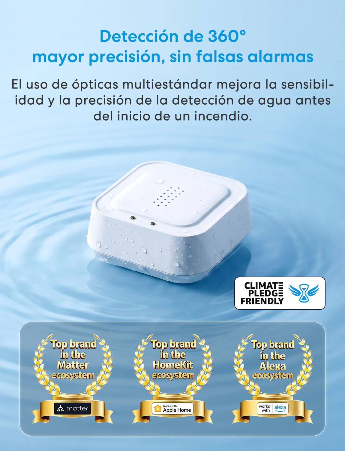Meross Matter Detector de Agua Inteligente HUB MSH450 Incluida, 100 dB | Detector de Fugas de Agua, desviación de 0,3 mm, para cocinas, baños, sótanos, Compatible con Apple Home, Alexa y Google