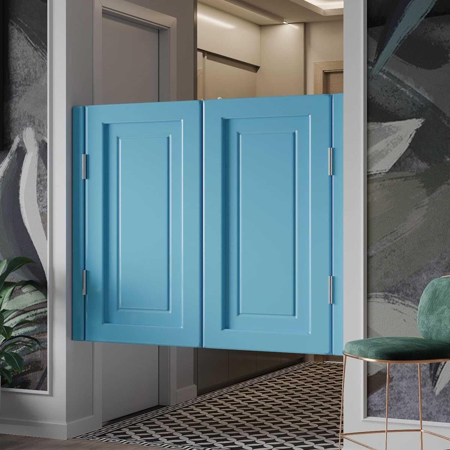 Swinging Door with Metal Hinges, Solid Wood Entrance Partition Door for Doorway, Auto Close Interior Swing Door Western Style(Blue,W100cm(39 3/8