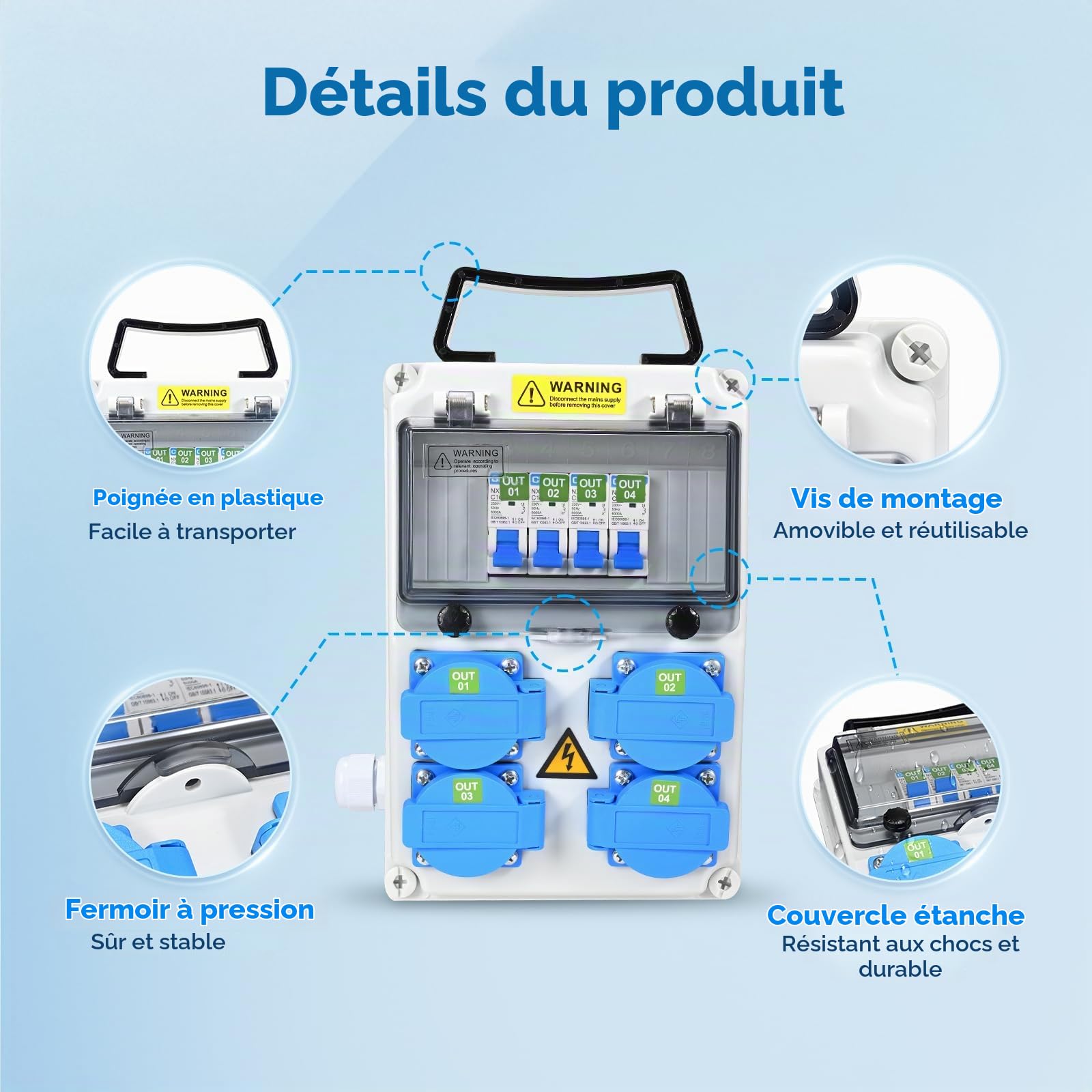 Coffret Électrique de Chantier 4×230 V, IP54 16A Coffret Chantier Répartiteur Mural avec Disjoncteur, Distributeur de Puissance pour Ateliers, Chantiers et Usines