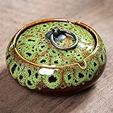 Handmade Ceramic Ashtray with Lids, Exquisite Pattern Ash Holder for Patio Desktop Office Smokers, Ash Tray for Indoor Tabletop Home Office Decor (Mix Green, M-Size)
