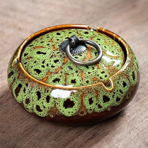 Handmade Ceramic Ashtray with Lids, Exquisite Pattern Ash Holder for Patio Desktop Office Smokers, Ash Tray for Indoor Tabletop Home Office Decor (Mix Green, M-Size)