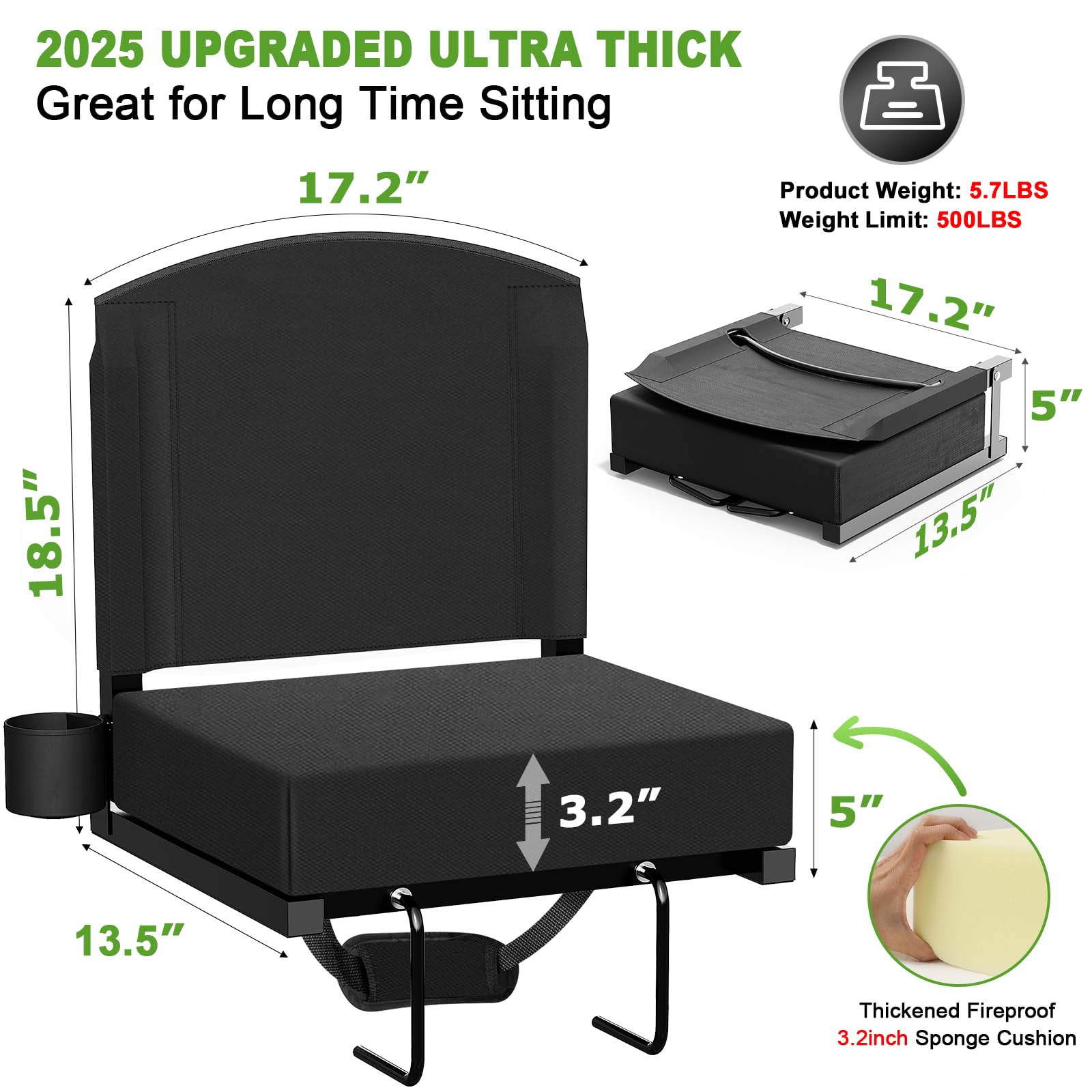 Dayacoco Stadium Seats with Back Support, Portable Bleacher Seat for Bleachers Hold up 400lbs, Wide Bleacher Seat with Shoulder Strap & Handle Perfect for Sports Events (Black, 1pcs)