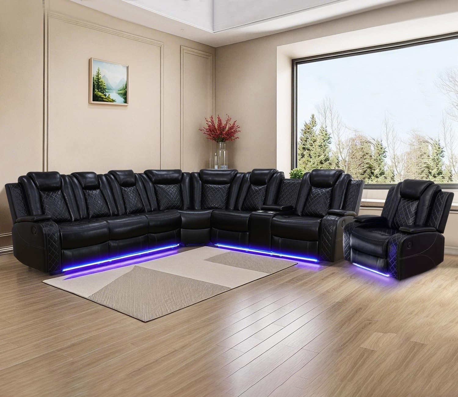 Power Sectional Sofa for Living Room Furniture Sets,Leather Reclining Corner Sectional Sofa with 3 Recliner Seats/LED Light/Cup Holder/Storage Console,Wine