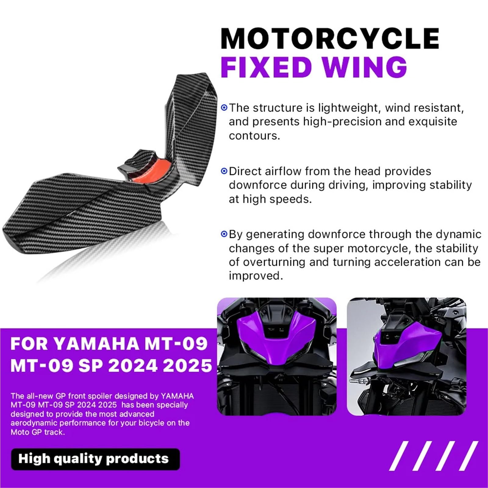 Front Bumper Splitter dachowy Pasuje do Yamaha MT-09 2024 2025 Małe Winglety Spoiler Aerodynamiczny Skrzydło Akcesoria motocyklowe Stałe skrzydło Owiewka