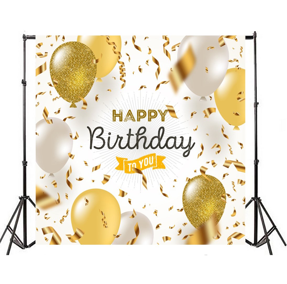 Yeele 8x8ft Happy Birthday Backdrop Vinyl Golden Ballons Ribbon Streamers Congratulation Celebrate Birthday Party Photography Background for Baby Kid