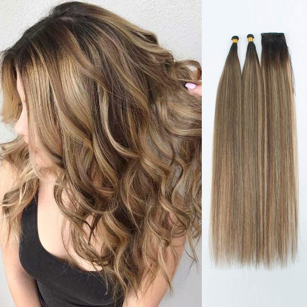 ABH AMAZINGBEAUTY HAIR Sew in Hand Tied Weft Hair Extensions, Rooted and Highlighted Human Hair,Chestnut Brown with Dark Dirty Blonde Highlights and Walnut Brown Base Color R3-6-12, 50 Gram, 20 Inch