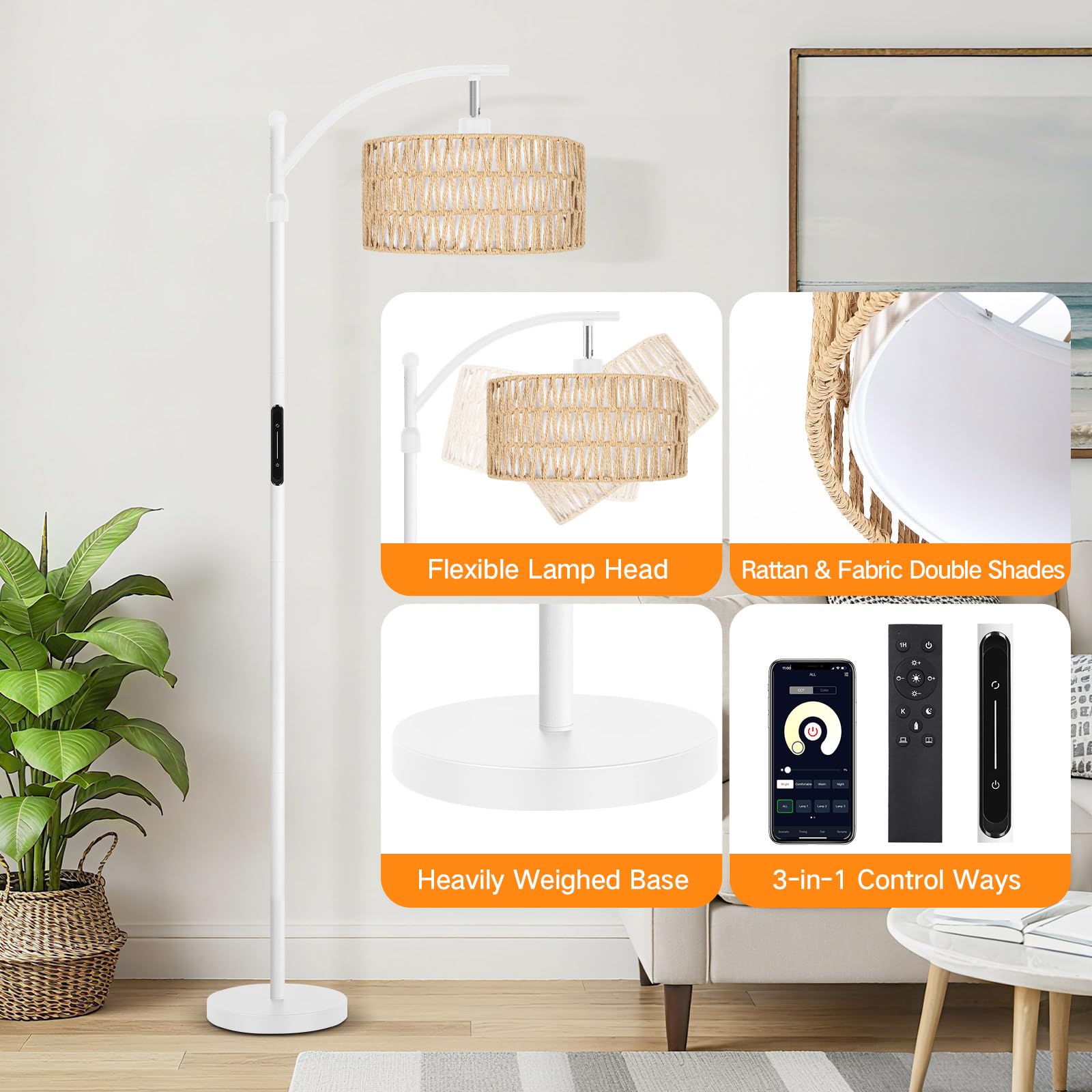 OUTON Lampa Stojąca z Rattanu do Salonu, Lampa Łukowa Boho | Aplikacja, pilot i sterowanie dotykowe, 4 temperatury barwowe, 2 klosze, LED 12 W, biała