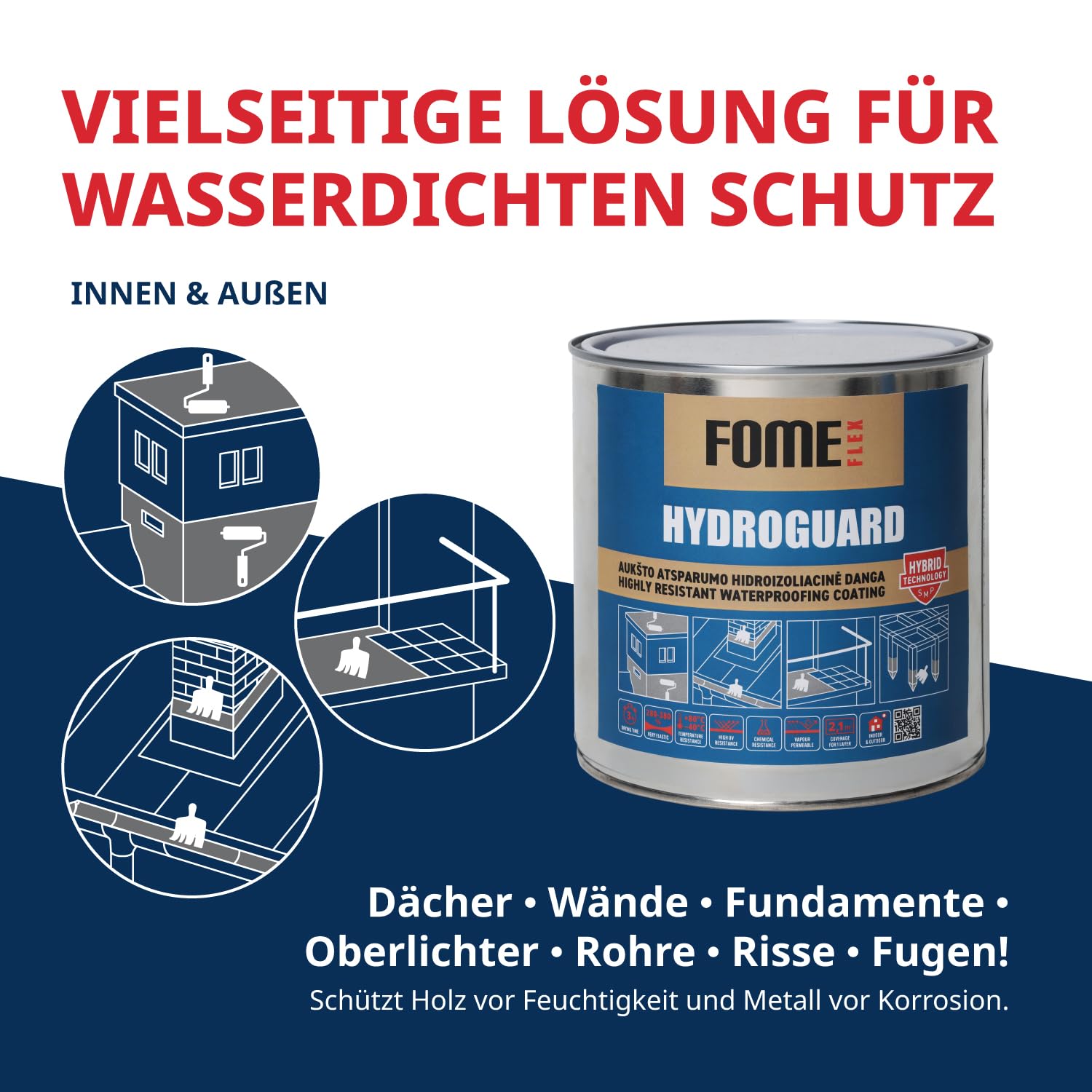 Lösemittelfreie Universalabdichtung für Innen & Außen. 7kg Wasserdichte Dichtmasse Fome Flex HydroGuard, flexibel und leicht aufzutragen. Premium Polymer Flüssigdichtstoff für Dächer, Risse und Lecks.