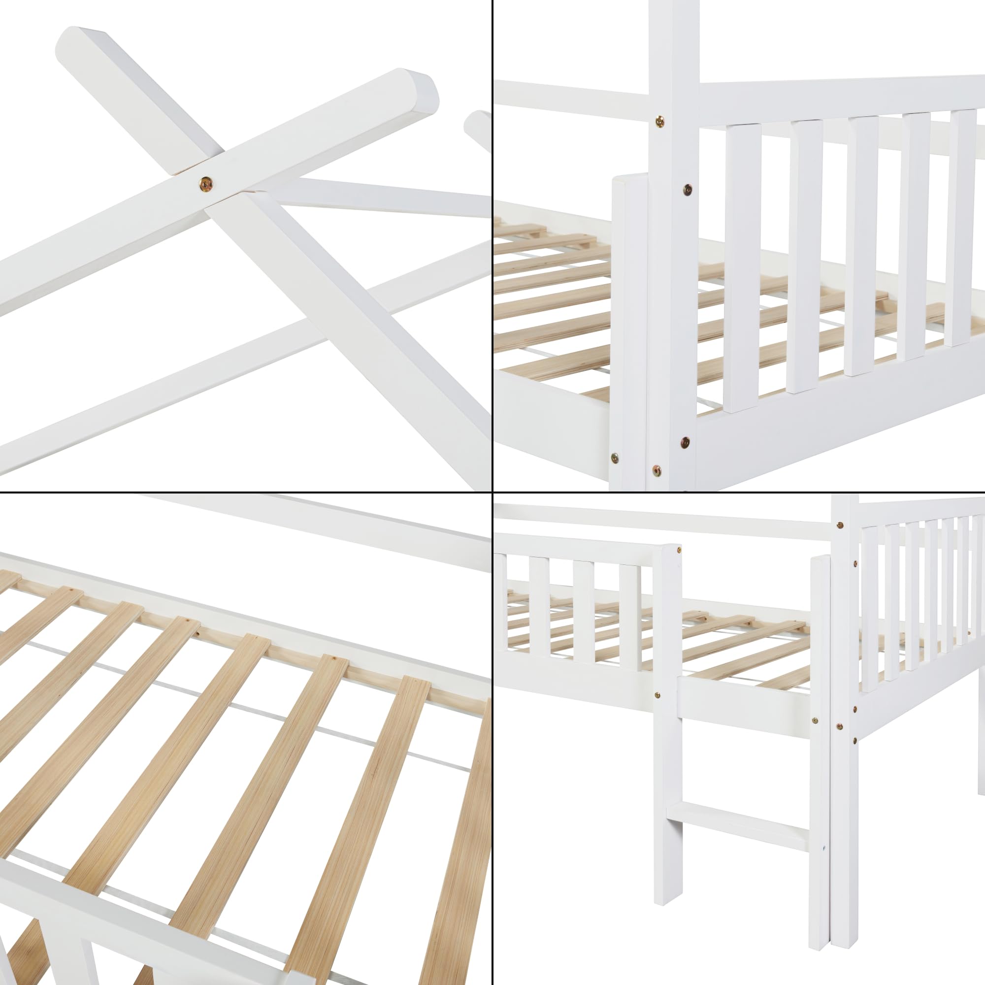 [en.casa] Lit Cabane Lit Enfant Surélevé en Forme de Maison avec Barrière de Protection Échelle Lit Mezzanine avec Sommier à Lattes Bois de Pin Contreplaqué 90 x 200 cm Blanc