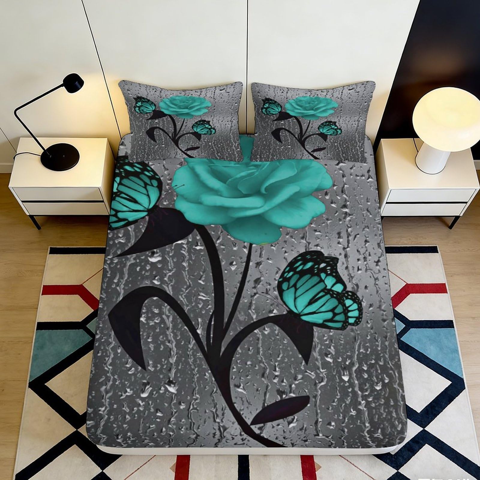 3D Printed Turquoise Rose Fitted Sheet Microfiber Soft Breathable Butterfly Bed Cover for Bedroom Dormitory Guest Room Mattress Protection Decor 200x200x25cm